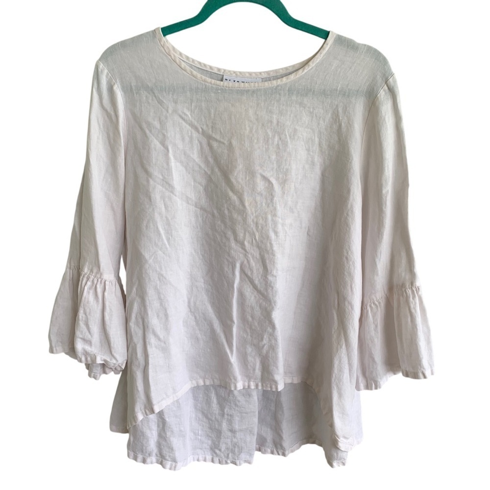 Bryn Walker White Bell Sleeve Ruffled Blouse Womenโs Size Small 100% Linen